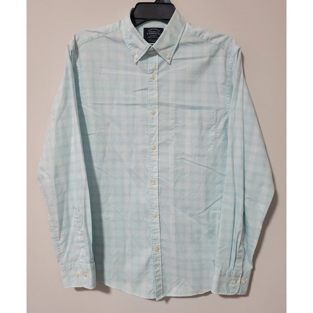 Charles Tyrwhitt Button Down Shirt Mens M Blue Plaid Extra Slim Fit Non Iron